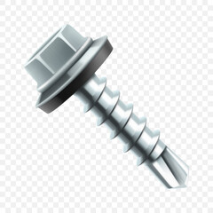 Metal self-tapping screw isolated on transparent background. Realistic 3d Vector illustration