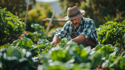 A farmer tending to a vibrant organic vegetable garden, showcasing sustainable agriculture practices that benefit both the environment and local communities.