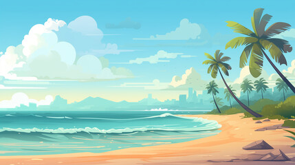 "Sun-Kissed Shore: A Beach Illustration in Flat Design"