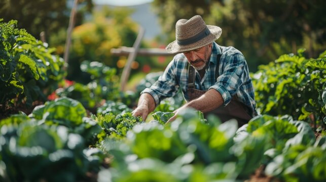 A farmer tending to a vibrant organic vegetable garden, showcasing sustainable agriculture practices that benefit both the environment and local communities.