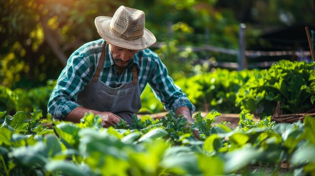 A farmer tending to a vibrant organic vegetable garden, showcasing sustainable agriculture practices that benefit both the environment and local communities.