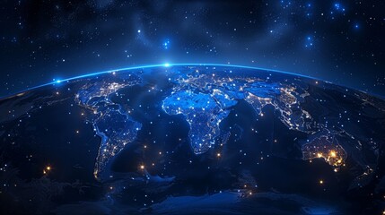 Dark blue pure background, shining stars on the world map, Asian plate in the middle position of the image, flat angle, no curvature of the Earth. Generative AI.