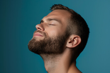 Obraz premium A close up of a man with beard and closed eyes looking to a side