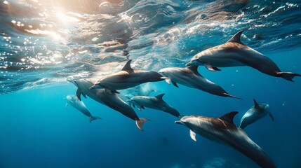 A group of playful dolphins swimming together in crystal-clear blue waters, their sleek bodies gliding effortlessly through the ocean, illustrating the freedom and joy of marine an