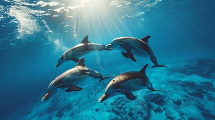 A group of playful dolphins swimming together in crystal-clear blue waters, their sleek bodies gliding effortlessly through the ocean, illustrating the freedom and joy of marine an