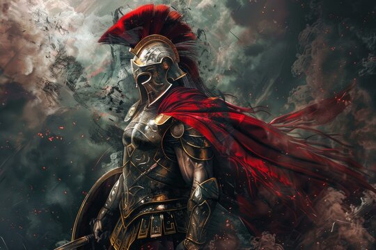 Digital art of a fierce warrior in ornate armor and plumed helmet against a smoky battle backdrop