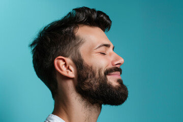 Obraz premium A close up of a man with beard and closed eyes looking to a side