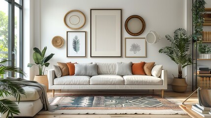 Gallery wall in the living room, bright background, graceful. Generative AI.