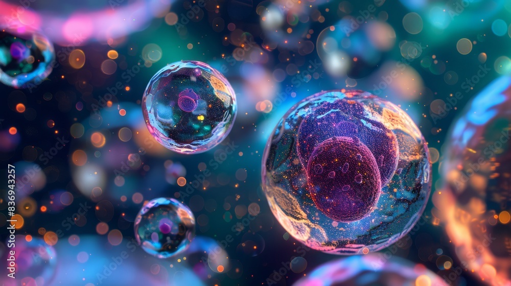 Poster detailed visualization of stem cells under a microscope, highlighted with dynamic coloring and light