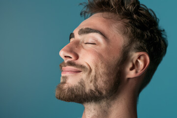 Obraz premium A close up of a man with beard and closed eyes looking to a side