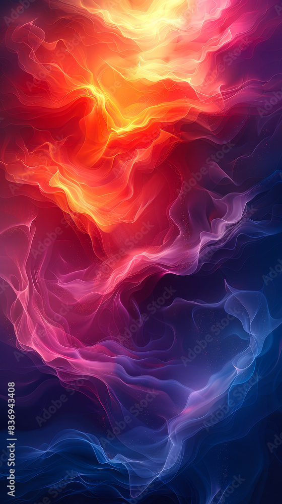 Wall mural vibrant gradient abstract artwork in warm dark red, orange and blue tones, fluid smoke-like patterns