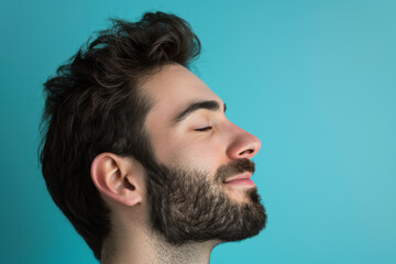 Obraz premium A close up of a man with beard and closed eyes looking to a side