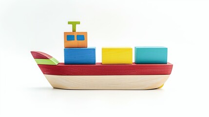 Mock ship with colored containers on a white background, wooden toy 