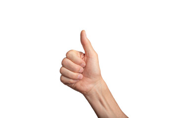 Thumbs up hand isolated male finger. Man arm white, ok good sign. Like background gesture yes...
