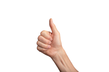 Thumbs up hand isolated male finger. Man arm white, ok good sign. Like background gesture yes showing positive excellent business people. Person symbol success thumbs side, transparent png