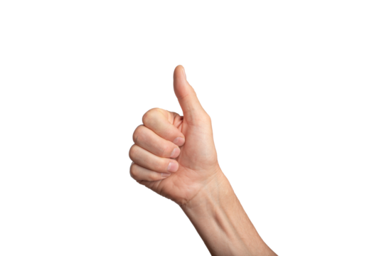 Thumbs up hand isolated male finger. Man arm white, ok good sign. Like background gesture yes showing positive excellent business people. Person symbol success thumbs side, transparent png