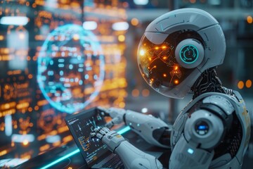 Advanced AI robot with illuminated digital face analyzing data on touchscreen in high-tech laboratory.