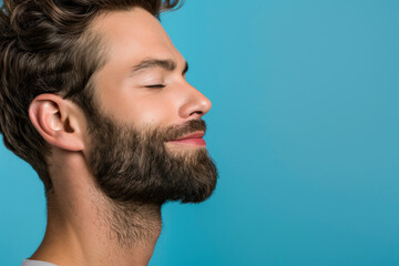 Obraz premium A close up of a man with beard and closed eyes looking to a side