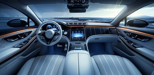 The interior of a future concept luxury B - segment sedan exudes premium elegance with innovative designs across the instrument panel, console, and door panels. Generative AI.