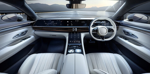 The interior of a future concept luxury B - segment sedan exudes premium elegance with innovative designs across the instrument panel, console, and door panels. Generative AI.