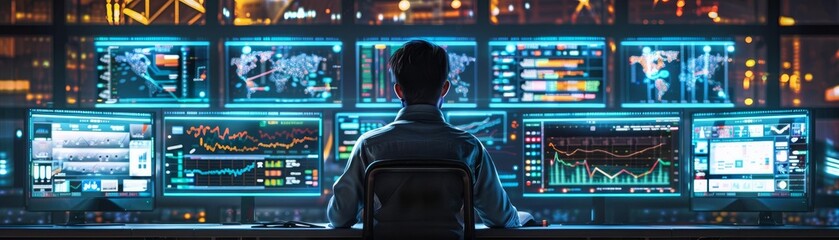 Fototapeta premium Highly detailed view of a data scientist working in a neonlit tech hub, screens filled with dynamic graphics, night theme