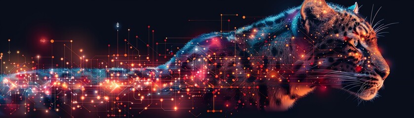Obraz premium Digital art of a panther with glowing particles on a dark background, symbolizing strength and mystery in a high-tech, futuristic setting.