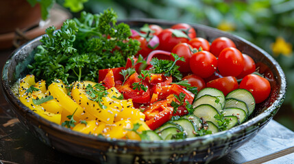 Freshly prepared vegetarian dish with a variety of colorful vegetables in a bowl