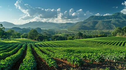 Naklejka premium A serene landscape of a lush, organic farm with rows of green crops under a clear blue sky, highlighting sustainable agricultural practices.