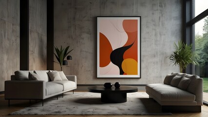 Modern interior design, sleek living room with an abstract frame poster, 3D render, 3D image