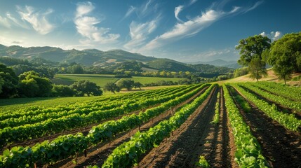 Fototapeta premium A serene landscape of a lush, organic farm with rows of green crops under a clear blue sky, highlighting sustainable agricultural practices.