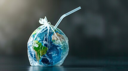 A globe wrapped in a plastic bag with a straw sticking out of it, conveying the message "Ban plastic pollution." Creative concept. 