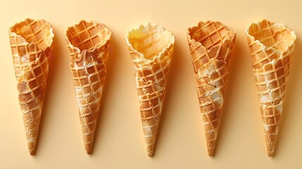 An array of devoid sugar-crusted ice cream cone waffles over a pale yellow setting, depicting a...