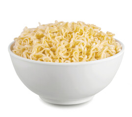 instant noodles with in white bowl isolated on white background with clipping path. Asian and Chinese style fast food concept.