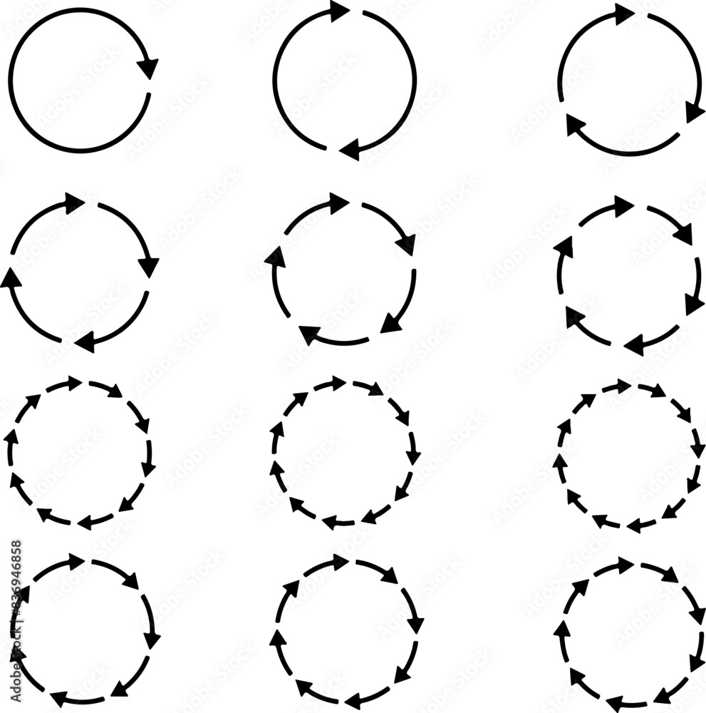 Poster icon set of spinning rotating arrows. circular round icons for recycling recycled product ecology ec