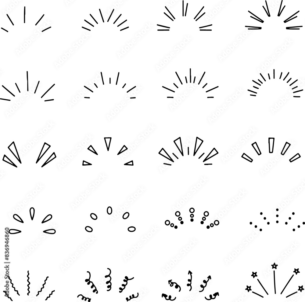 Poster icon set of hand drawn rays sparkles light shine sparkles ray lines confetti surprise. thin line ico