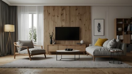 Scandinavian-style minimalist modern living room background rendered in three dimensions