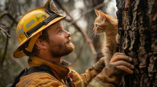 A volunteer firefighter rescuing a kitten from a tree, showcasing bravery and selflessness in serving the community.