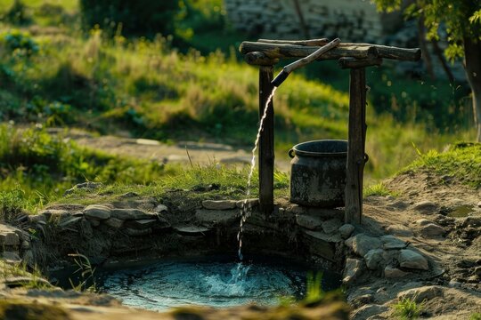 Oldfashioned water well with a metal bucket, surrounded by lush greenery in tranquil evening light