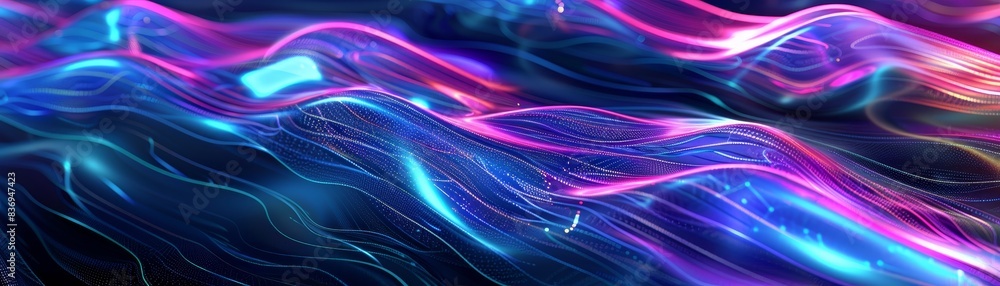 Poster abstract digital waves of neon light creating a mesmerizing flowing pattern in vibrant hues of blue 