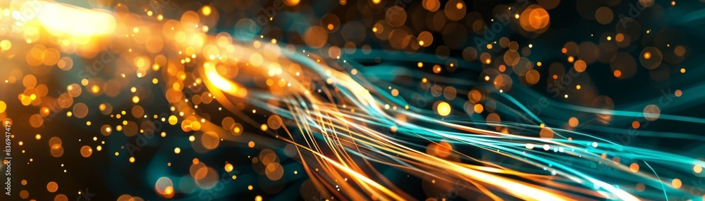 Poster abstract image of glowing light trails and bokeh, with vibrant gold and blue colors, creating a dyna
