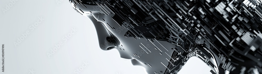 Poster abstract side profile of an artificial intelligence with a futuristic, fragmented design, symbolizin