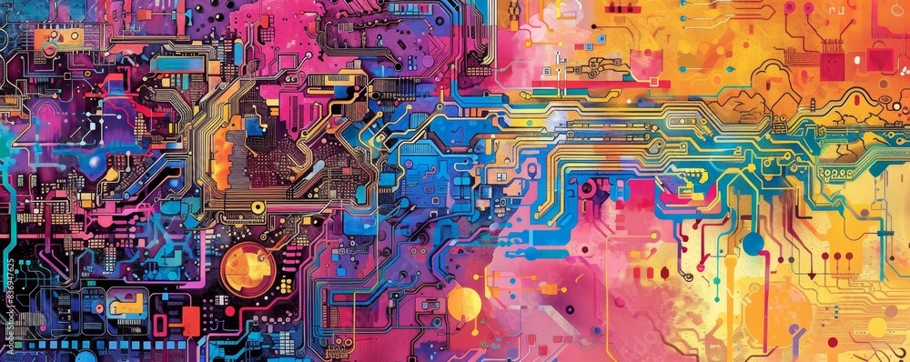 Poster colorful abstract digital art with vibrant circuits and patterns merging into warm and cool tones, r