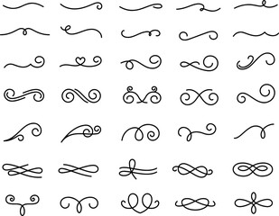 Icon set of ornamental decorative vintage swirls curls swashes. Calligraphic elegant ornament. Stylish text divider. Thin line icons flat vector illustrations isolated on transparent background	