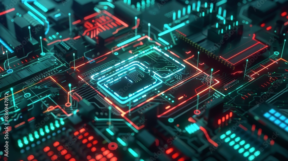 Poster futuristic close-up of a glowing computer motherboard with intricate circuits and components, showca