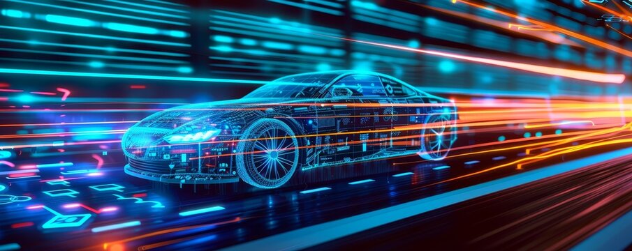 Futuristic electric car concept with neon lights speeding through a digital cityscape, representing innovation and technology.