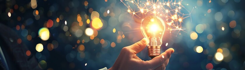 Hand holding glowing light bulb symbolizing creativity, innovation, and ideas with sparkling bokeh lights in the background.
