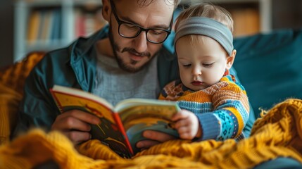 Obraz premium A young child sitting on a parent's lap, listening attentively to a story being read aloud from a colorful picture book, creating a moment of bonding and literary escape.