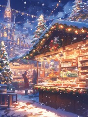 Obraz premium A magical evening at the Christmas market, winter holidays. High quality photo generated by AI