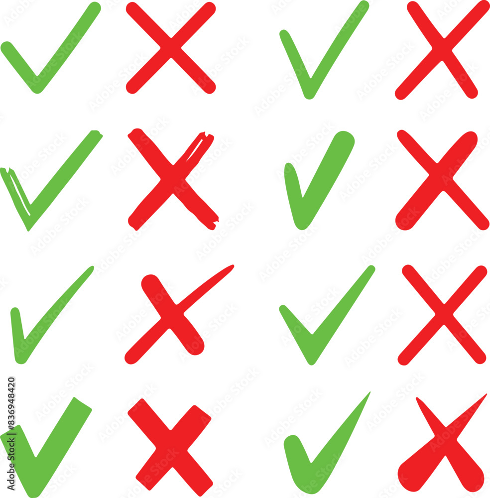 Aufkleber icon set of green check mark and red wrong marks. flat vector icon illustrations isolated on transpa