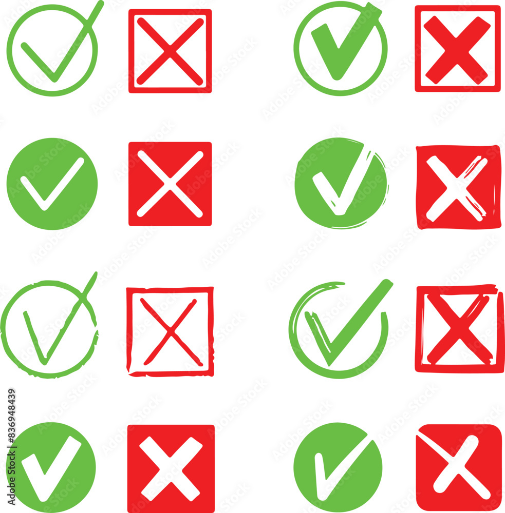 Aufkleber icon set of green check mark and red wrong marks. flat vector icon illustrations isolated on transpa